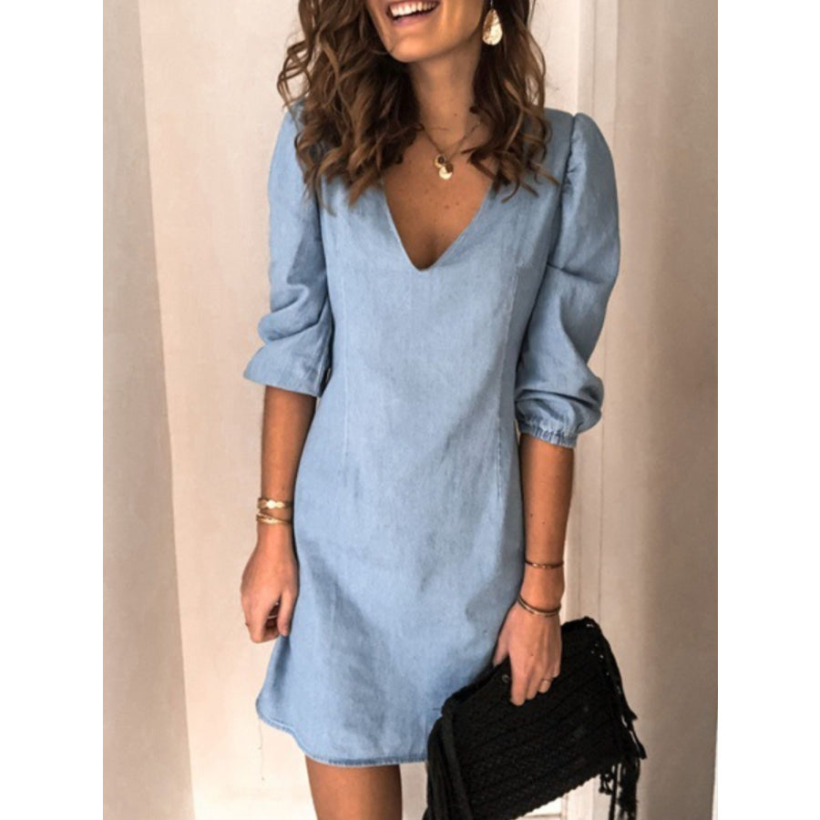 Full Size V - Neck Half Sleeve Denim Dress Misty Blue / S Apparel and Accessories