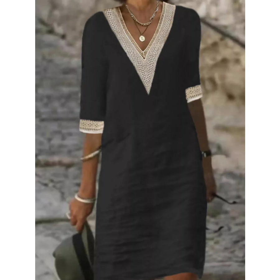 Full Size V-Neck Half Sleeve Dress Plus Size Black / S Apparel and Accessories