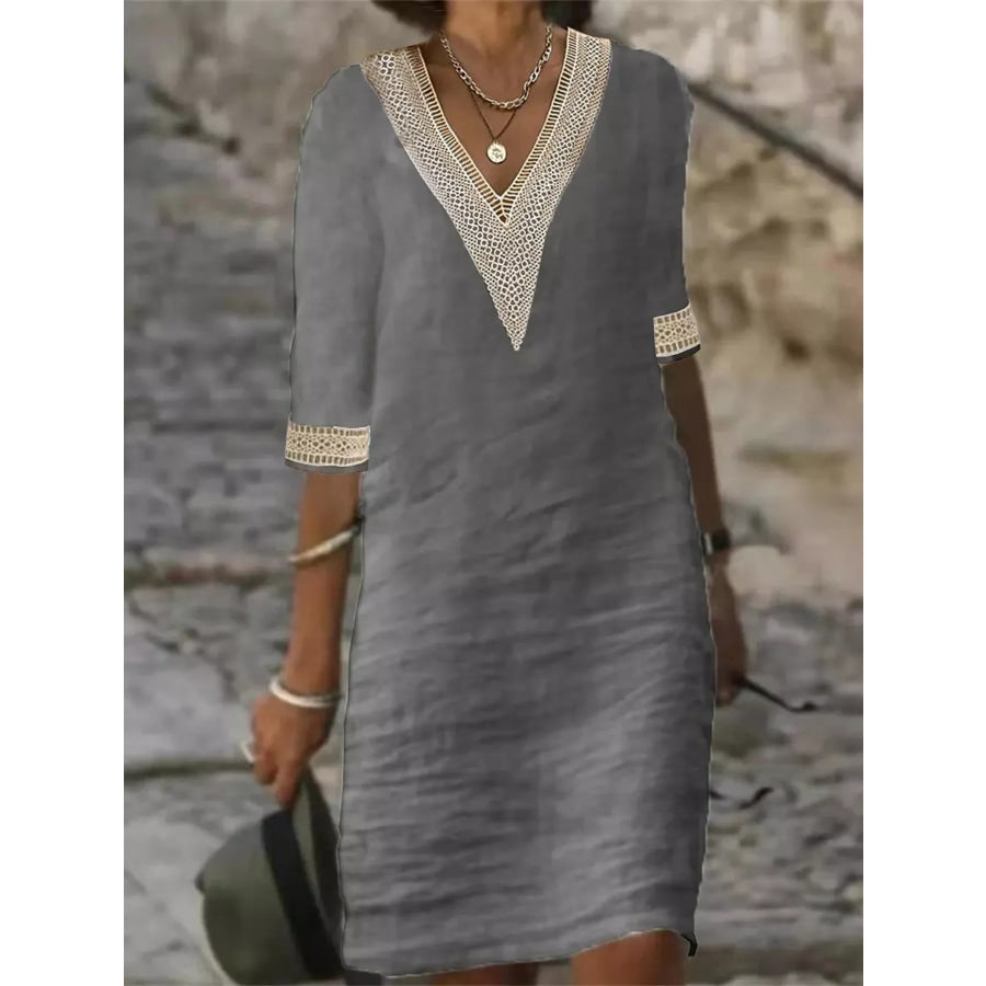 Full Size V-Neck Half Sleeve Dress Plus Size Grey / S Apparel and Accessories