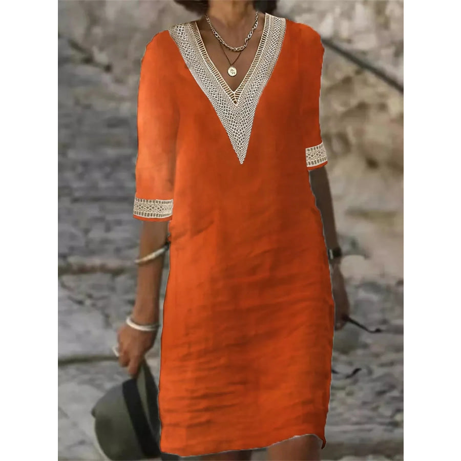 Full Size V-Neck Half Sleeve Dress Plus Size Orange Red / S Apparel and Accessories