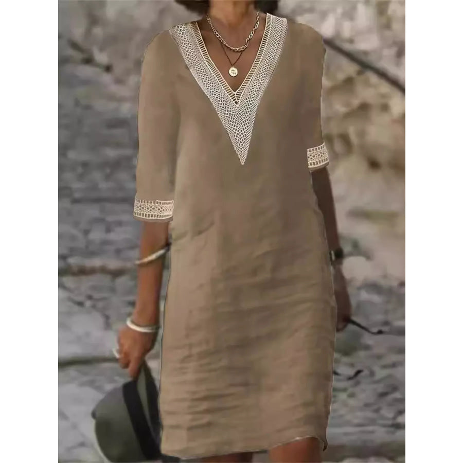 Full Size V-Neck Half Sleeve Dress Plus Size Taupe / S Apparel and Accessories