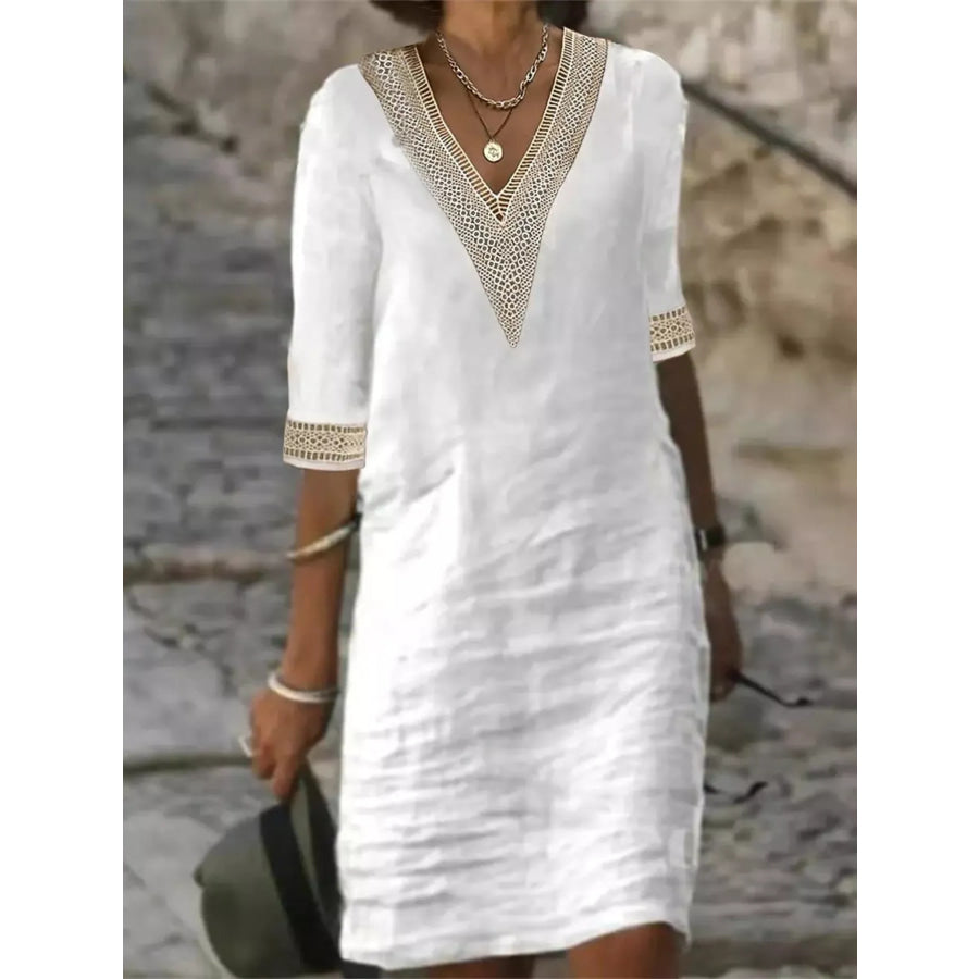 Full Size V-Neck Half Sleeve Dress Plus Size White / S Apparel and Accessories