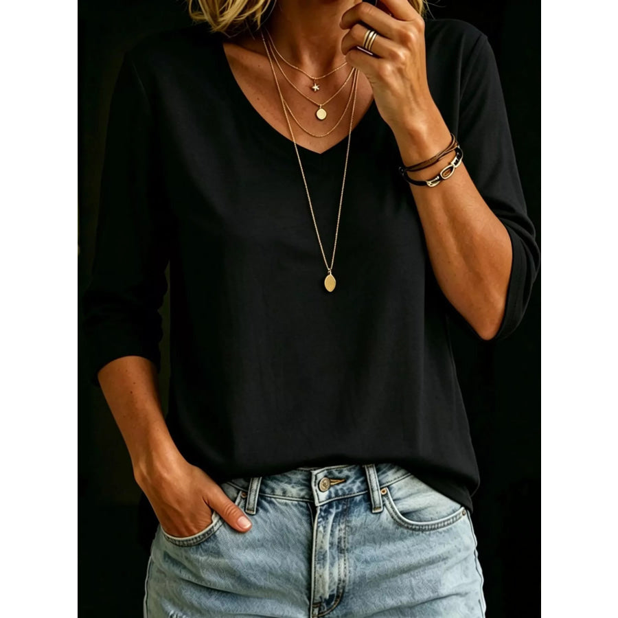 Full Size V-Neck Half Sleeve T-Shirt Plus Black / 5XL Apparel and Accessories