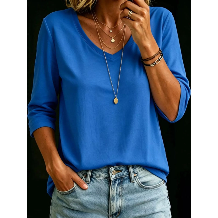 Full Size V-Neck Half Sleeve T-Shirt Plus Blue / S Apparel and Accessories