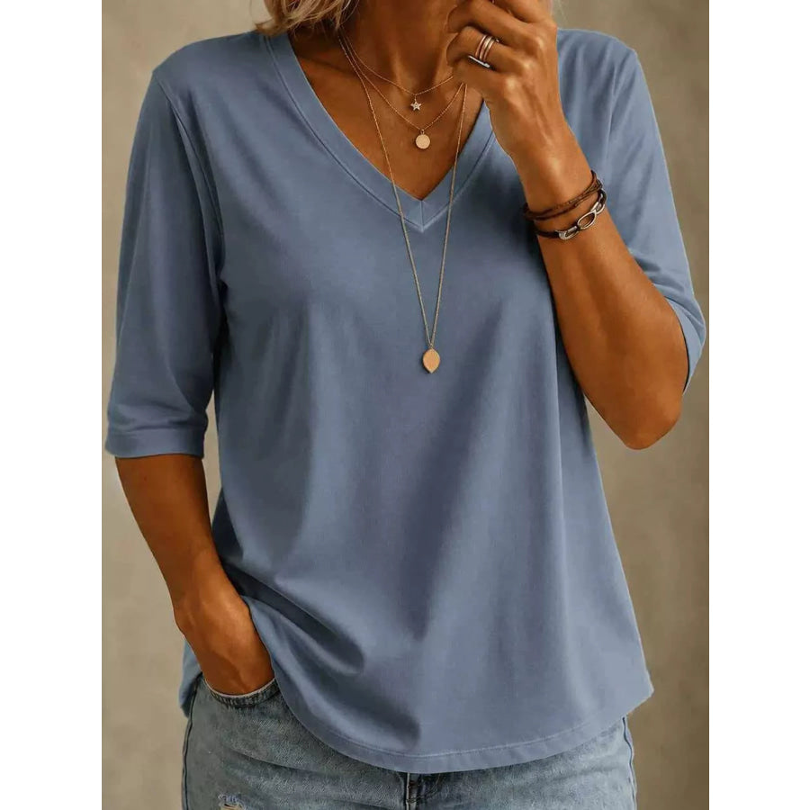 Full Size V-Neck Half Sleeve T-Shirt Plus Haze Blue / S Apparel and Accessories