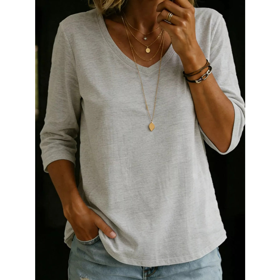 Full Size V-Neck Half Sleeve T-Shirt Plus Heather Gray / S Apparel and Accessories