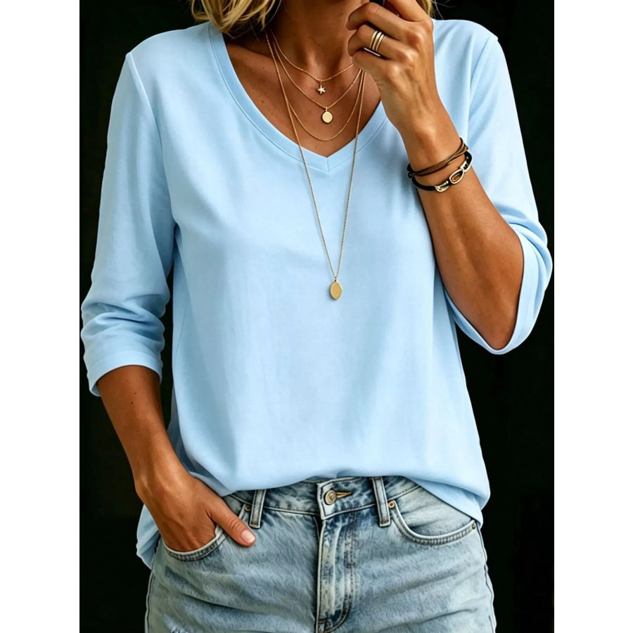 Full Size V-Neck Half Sleeve T-Shirt Plus Light Blue / S Apparel and Accessories