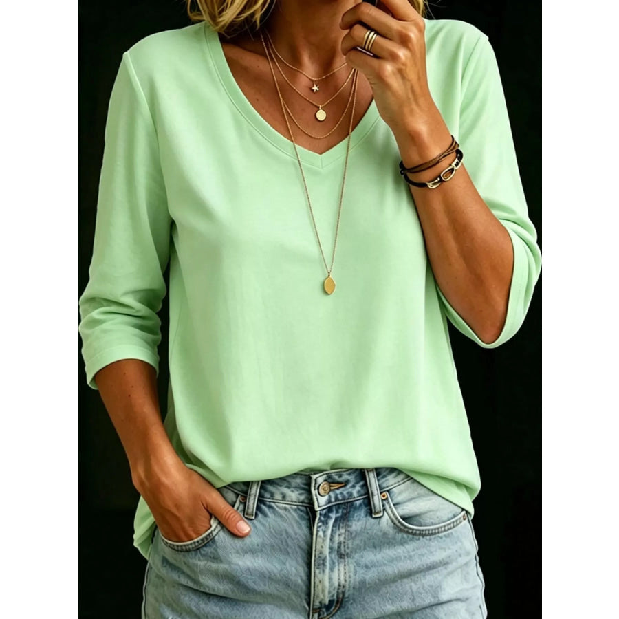 Full Size V-Neck Half Sleeve T-Shirt Plus Light Green / 2XL Apparel and Accessories
