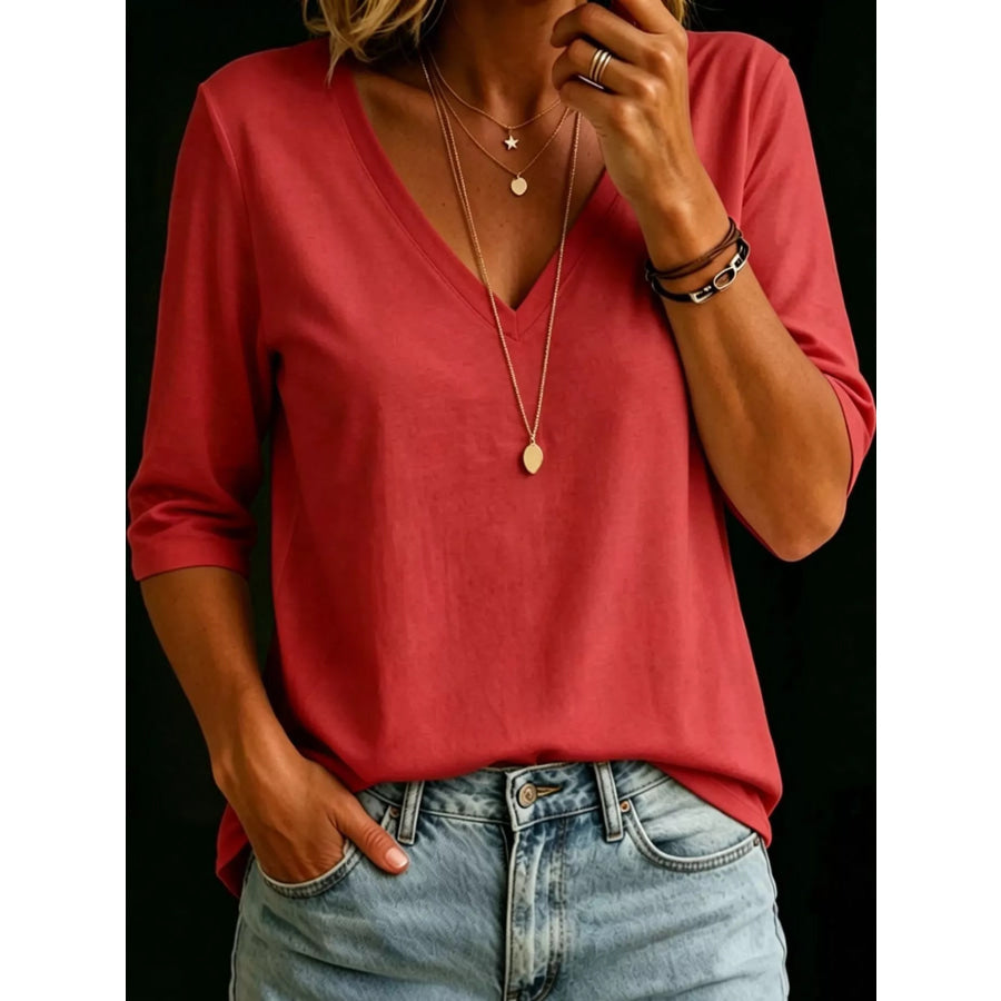 Full Size V-Neck Half Sleeve T-Shirt Plus Red / S Apparel and Accessories
