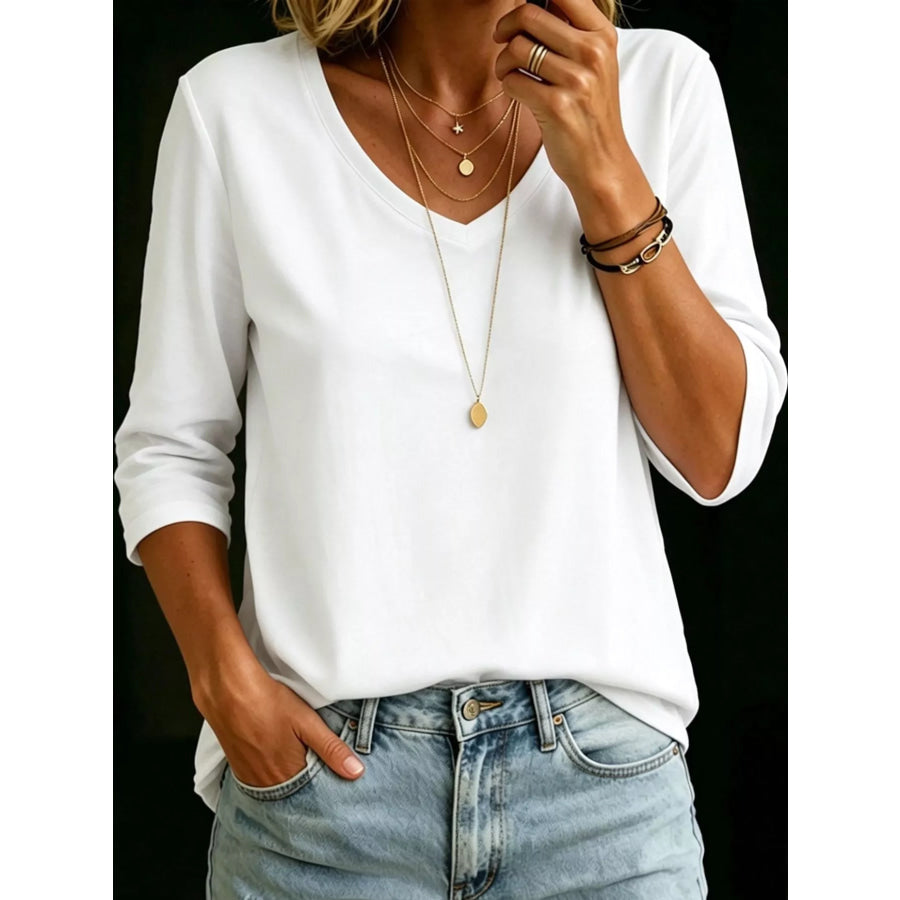 Full Size V-Neck Half Sleeve T-Shirt Plus White / S Apparel and Accessories