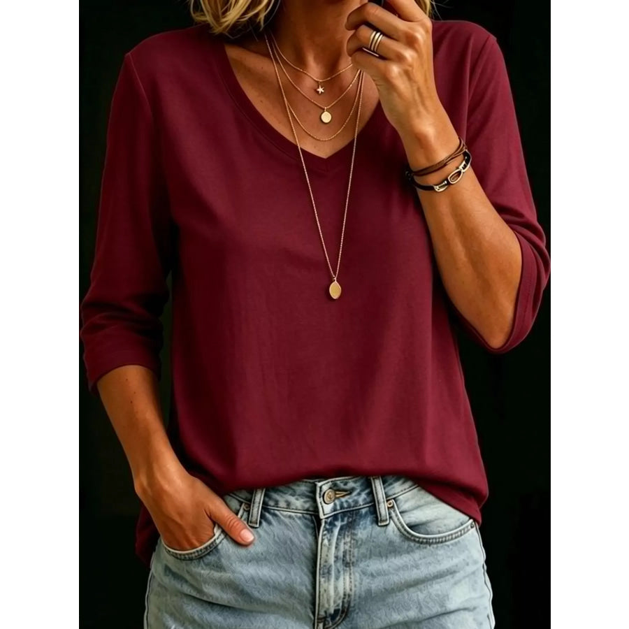 Full Size V-Neck Half Sleeve T-Shirt Plus Wine Red / S Apparel and Accessories