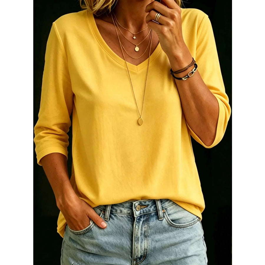Full Size V-Neck Half Sleeve T-Shirt Plus Yellow / S Apparel and Accessories