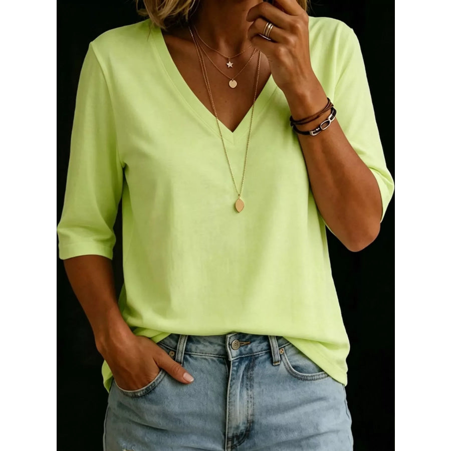 Full Size V-Neck Half Sleeve T-Shirt Plus Yellowish Green / S Apparel and Accessories