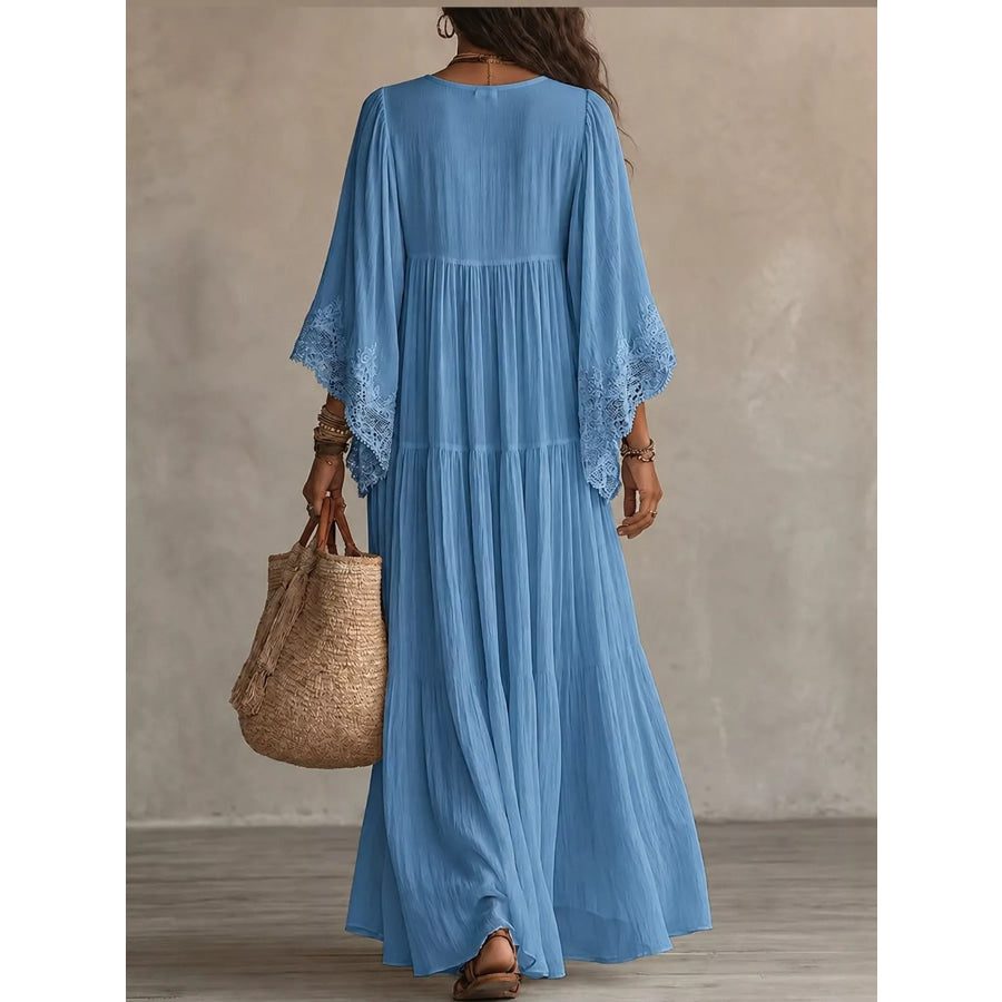 Full Size V-Neck Lace Trim Maxi Dress Plus Apparel and Accessories
