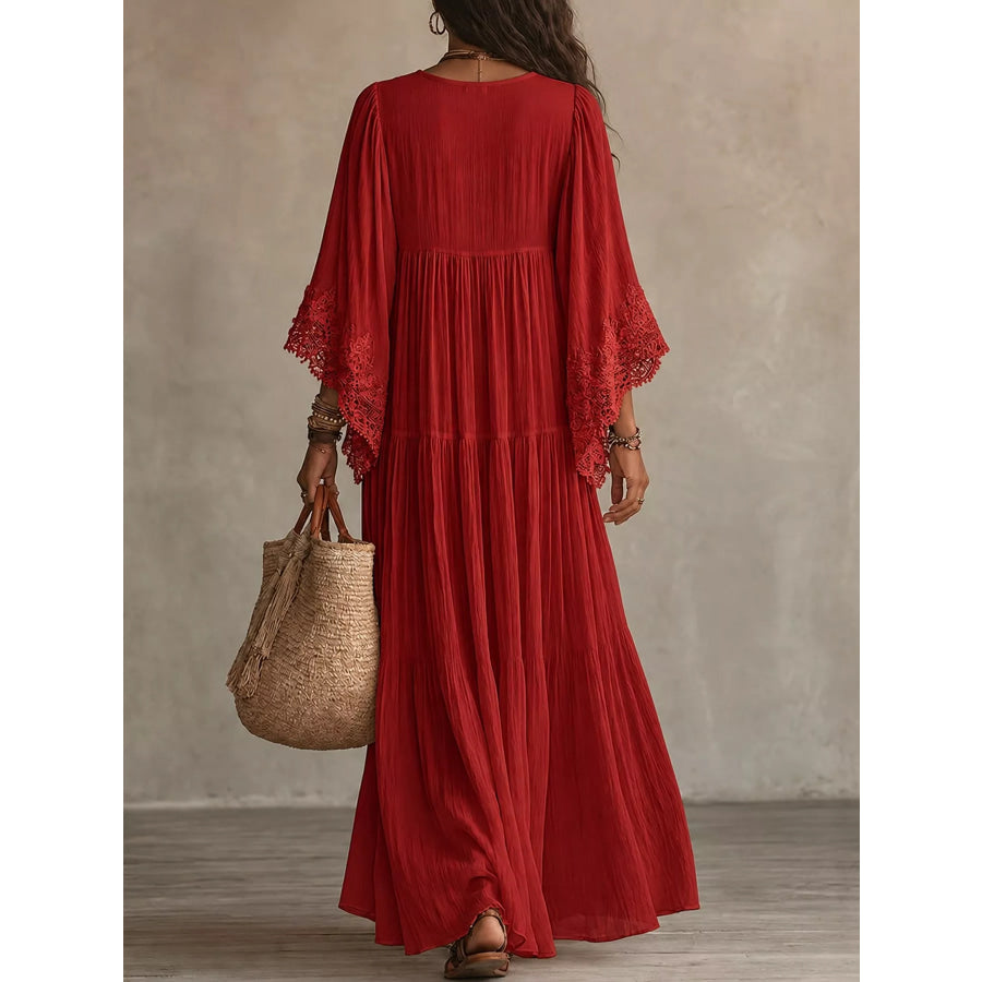Full Size V-Neck Lace Trim Maxi Dress Plus Apparel and Accessories