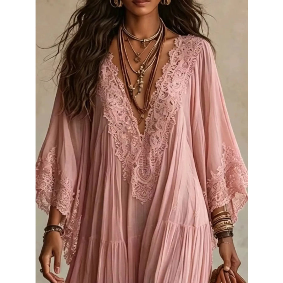 Full Size V-Neck Lace Trim Maxi Dress Plus Apparel and Accessories