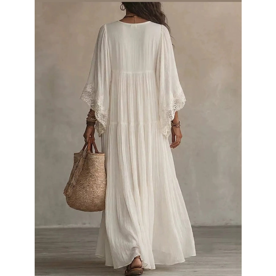 Full Size V-Neck Lace Trim Maxi Dress Plus Apparel and Accessories