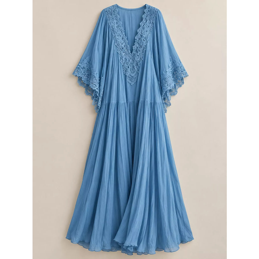 Full Size V-Neck Lace Trim Maxi Dress Plus Apparel and Accessories