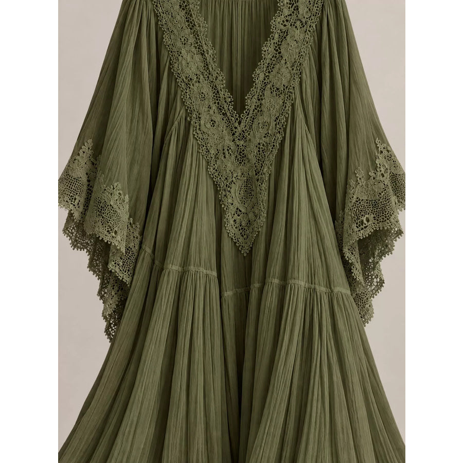 Full Size V-Neck Lace Trim Maxi Dress Plus Apparel and Accessories