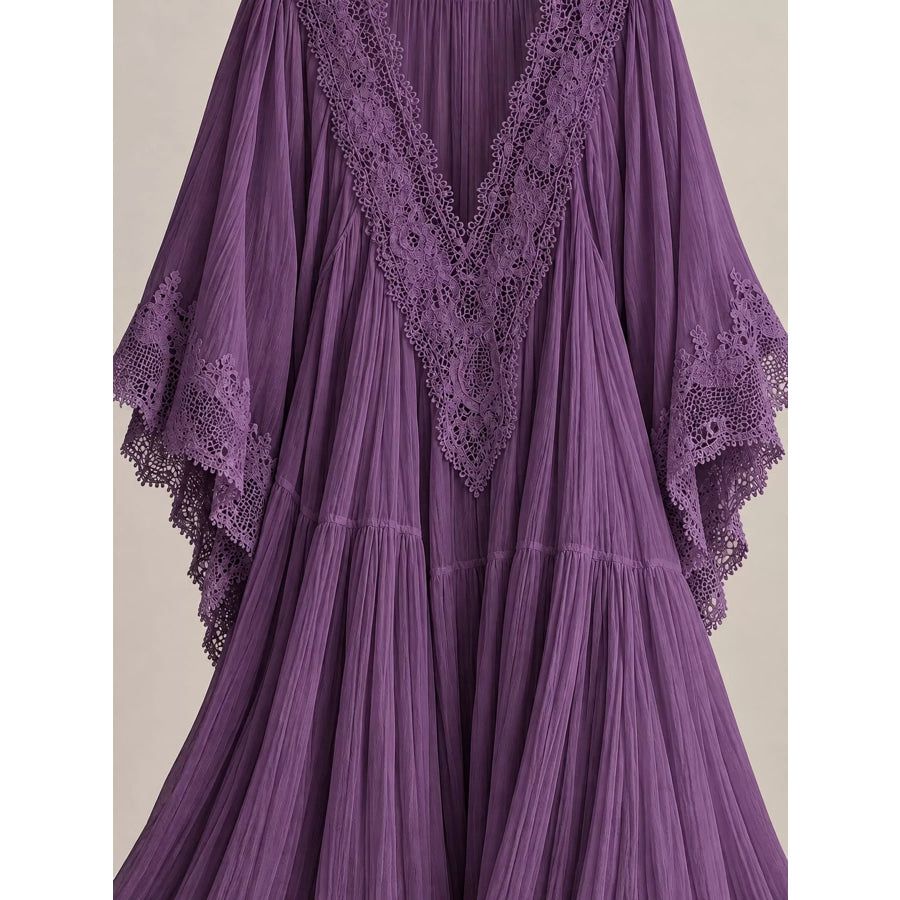Full Size V-Neck Lace Trim Maxi Dress Plus Apparel and Accessories