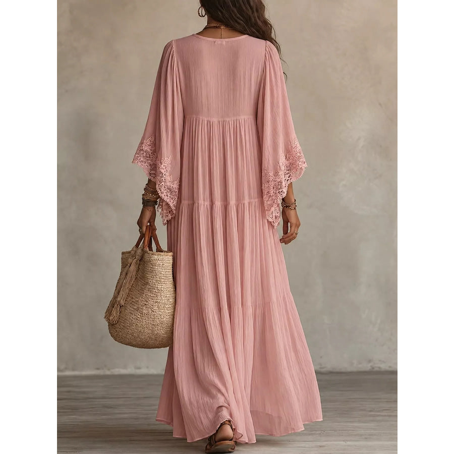 Full Size V-Neck Lace Trim Maxi Dress Plus Apparel and Accessories