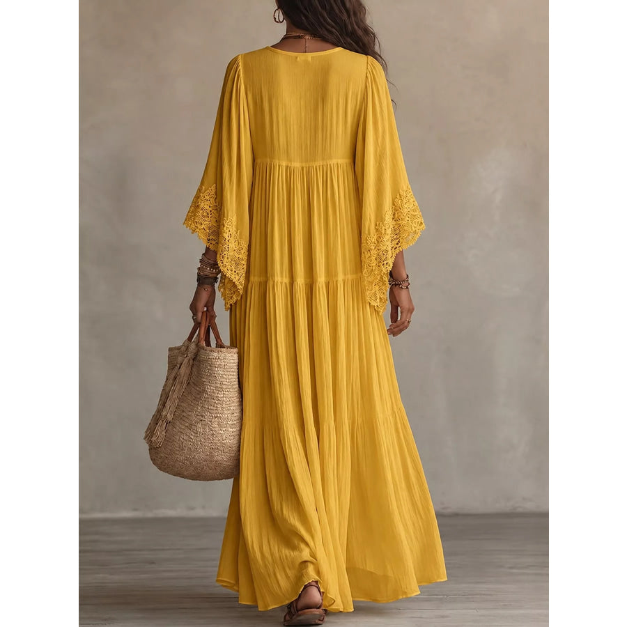 Full Size V-Neck Lace Trim Maxi Dress Plus Apparel and Accessories
