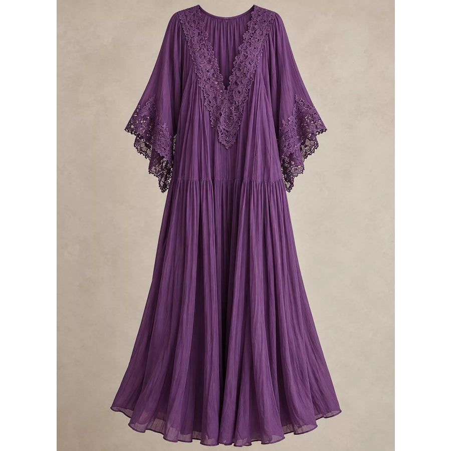Full Size V-Neck Lace Trim Maxi Dress Plus Apparel and Accessories