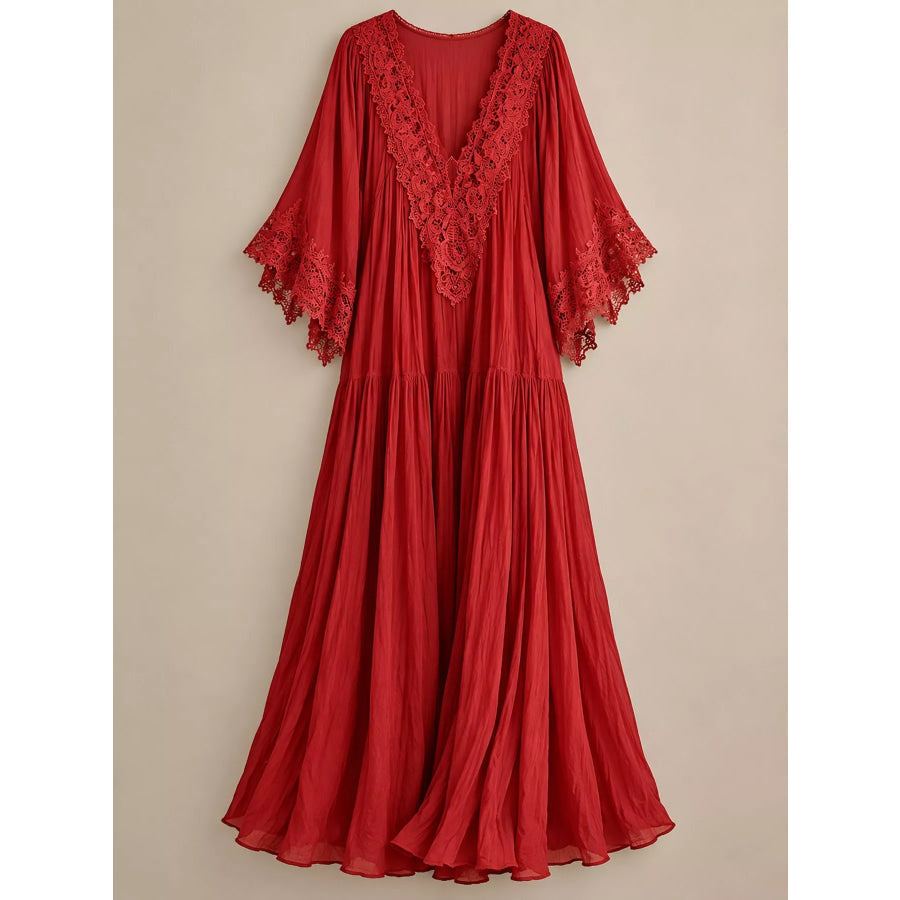 Full Size V-Neck Lace Trim Maxi Dress Plus Apparel and Accessories