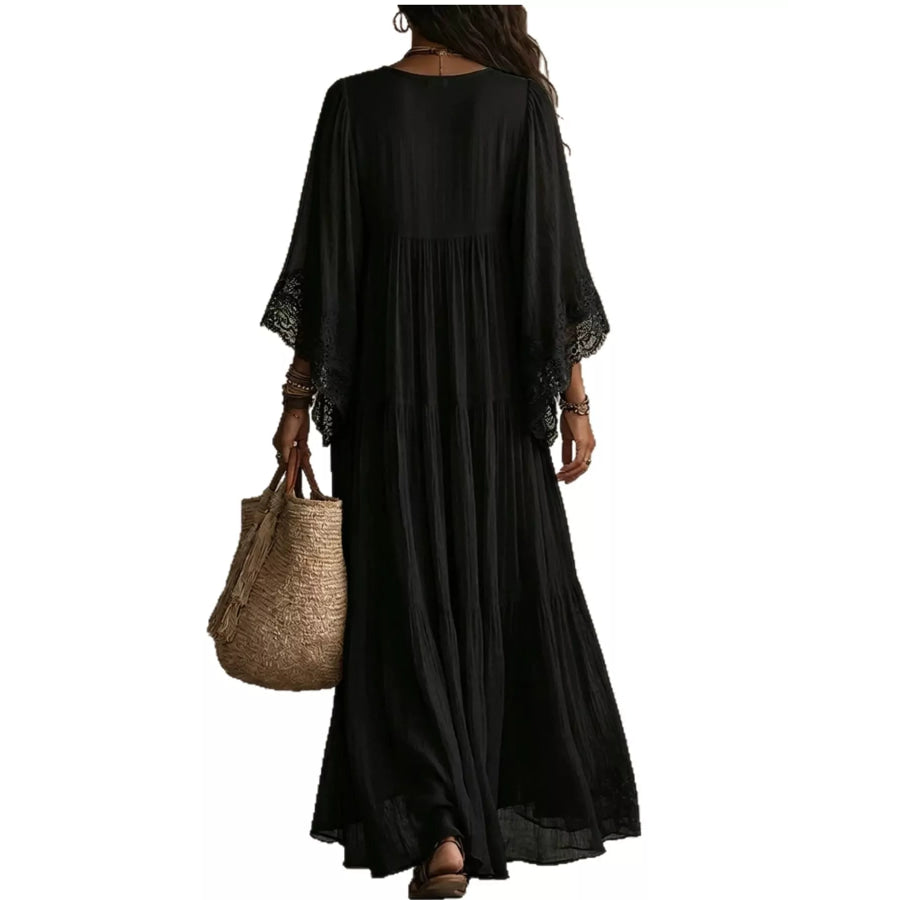 Full Size V-Neck Lace Trim Maxi Dress Plus Apparel and Accessories