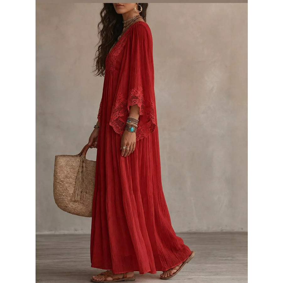 Full Size V-Neck Lace Trim Maxi Dress Plus Apparel and Accessories