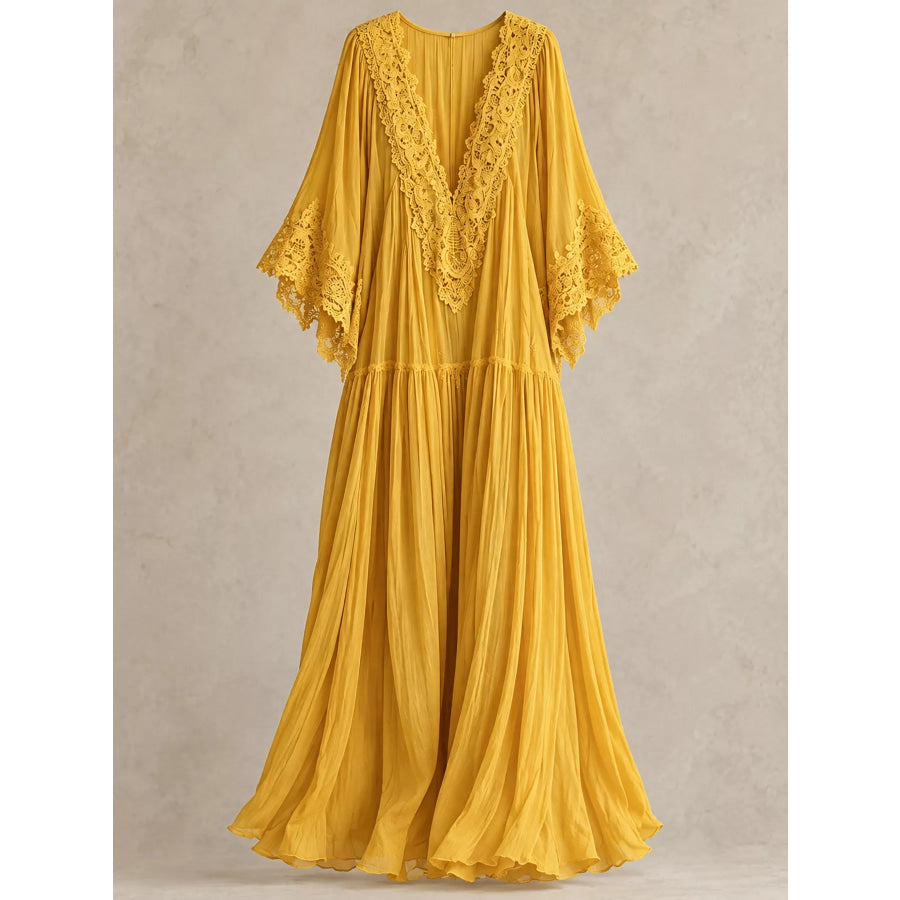 Full Size V-Neck Lace Trim Maxi Dress Plus Apparel and Accessories