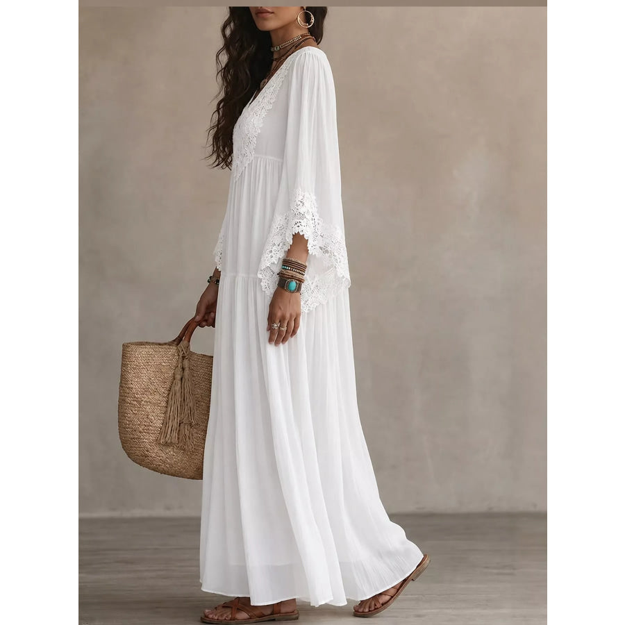Full Size V-Neck Lace Trim Maxi Dress Plus Apparel and Accessories