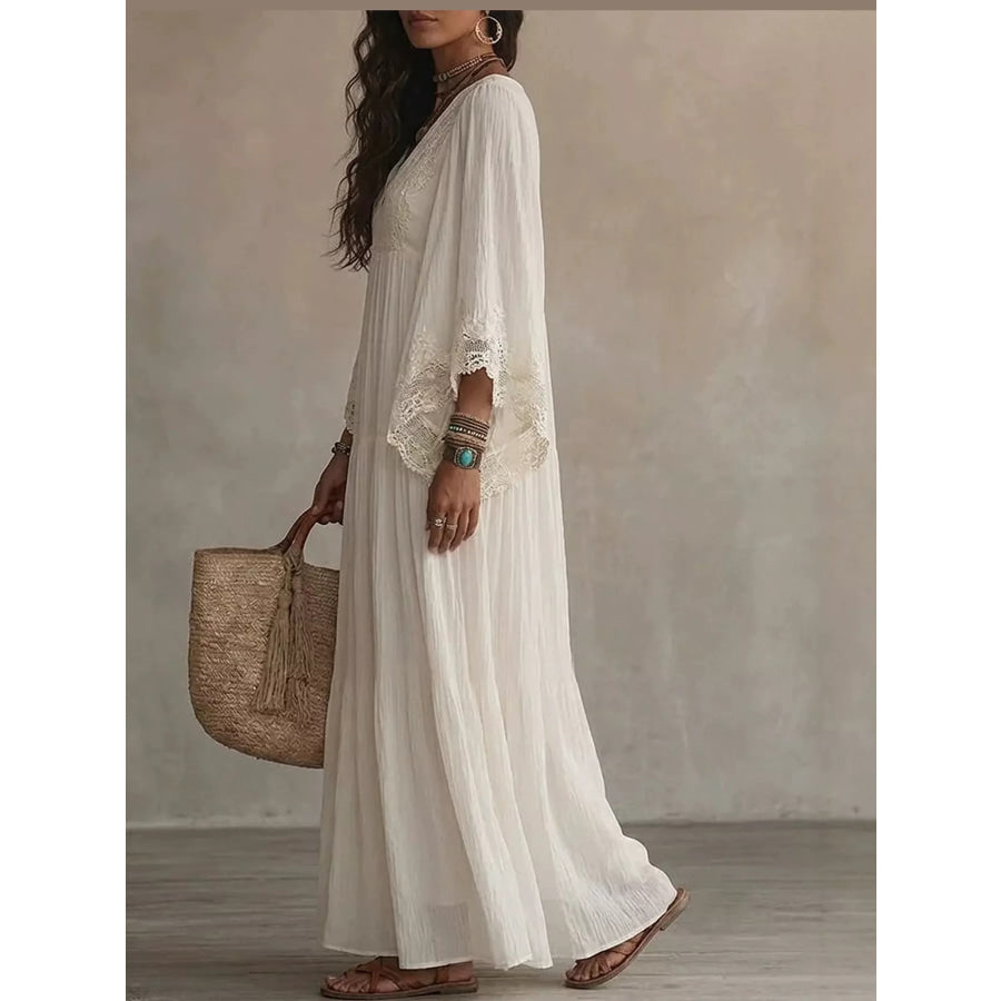 Full Size V-Neck Lace Trim Maxi Dress Plus White / S Apparel and Accessories
