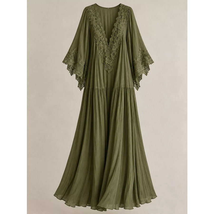 Full Size V-Neck Lace Trim Maxi Dress Plus Apparel and Accessories