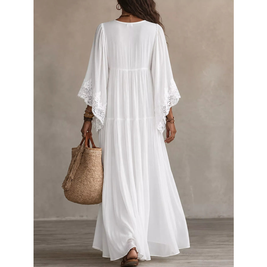 Full Size V-Neck Lace Trim Maxi Dress Plus Apparel and Accessories