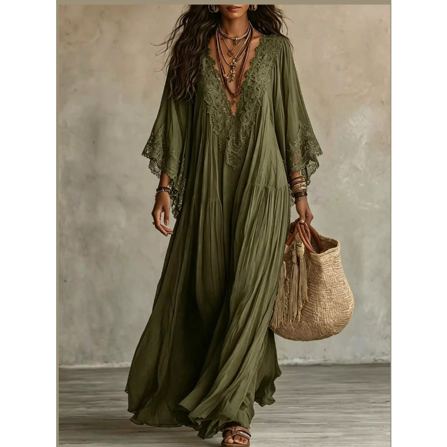 Full Size V-Neck Lace Trim Maxi Dress Plus Army Green / S Apparel and Accessories