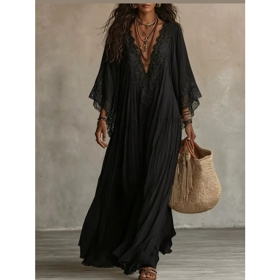 Full Size V-Neck Lace Trim Maxi Dress Plus Black / S Apparel and Accessories