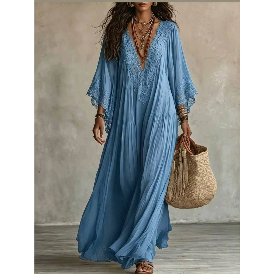 Full Size V-Neck Lace Trim Maxi Dress Plus Blue / S Apparel and Accessories