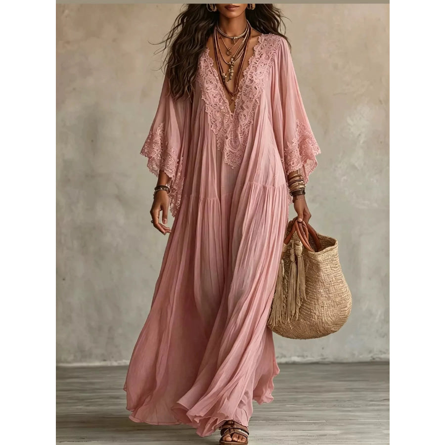 Full Size V-Neck Lace Trim Maxi Dress Plus Pink / S Apparel and Accessories