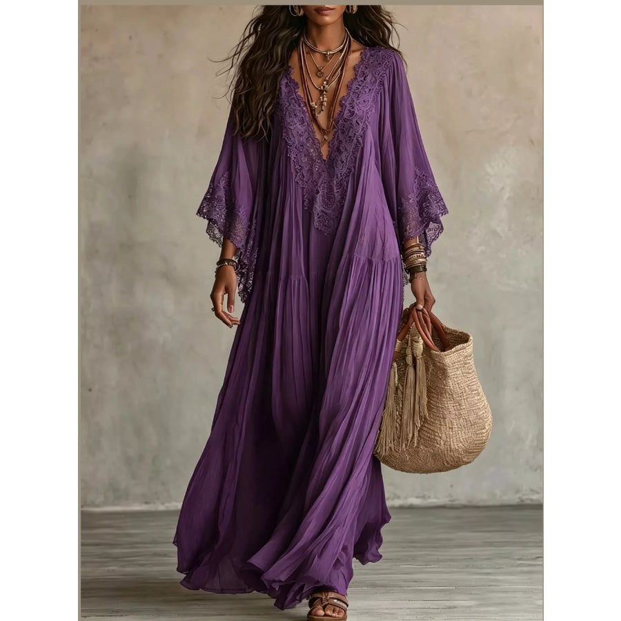 Full Size V-Neck Lace Trim Maxi Dress Plus Purple / S Apparel and Accessories
