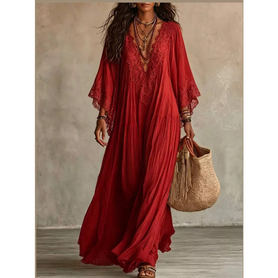 Full Size V-Neck Lace Trim Maxi Dress Plus Red / S Apparel and Accessories