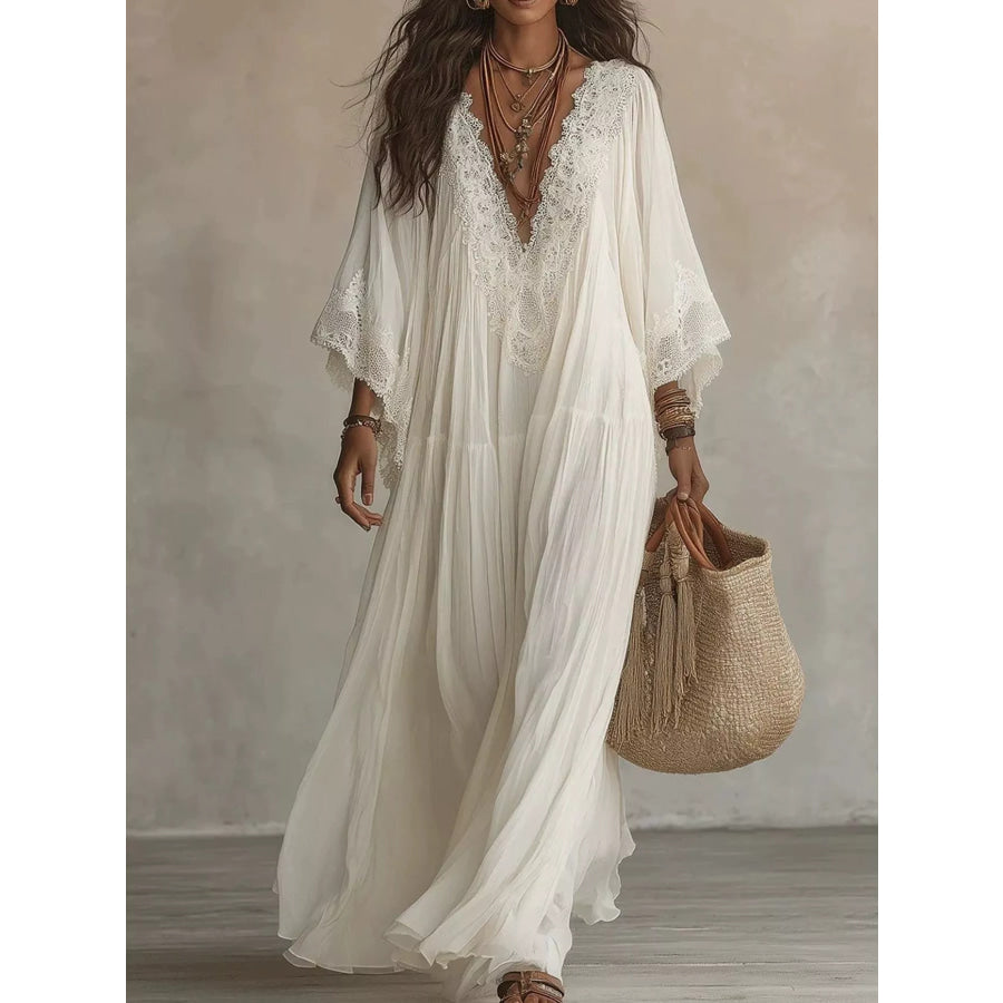 Full Size V-Neck Lace Trim Maxi Dress Plus White / S Apparel and Accessories