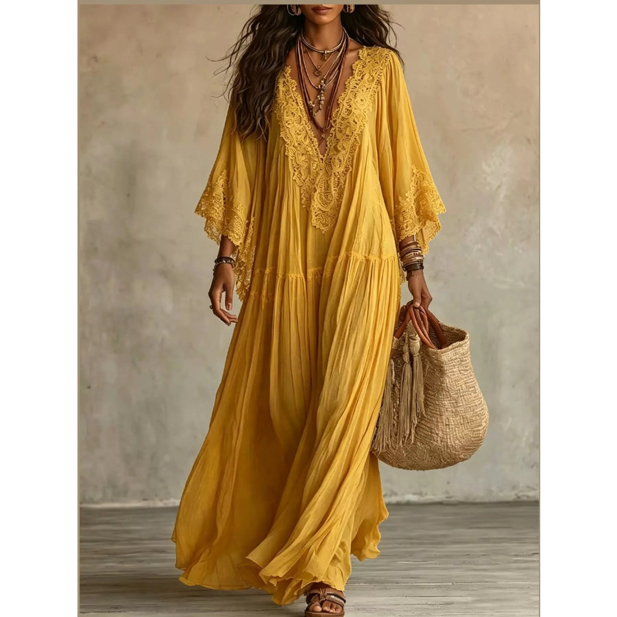 Full Size V-Neck Lace Trim Maxi Dress Plus Yellow / S Apparel and Accessories