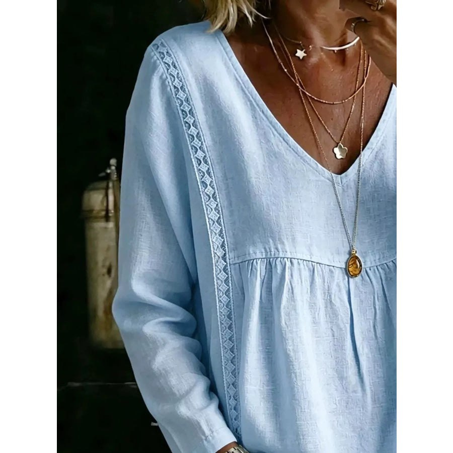 Full Size V-Neck Lace Trimmed Long Sleeve Blouse Plus Size Apparel and Accessories