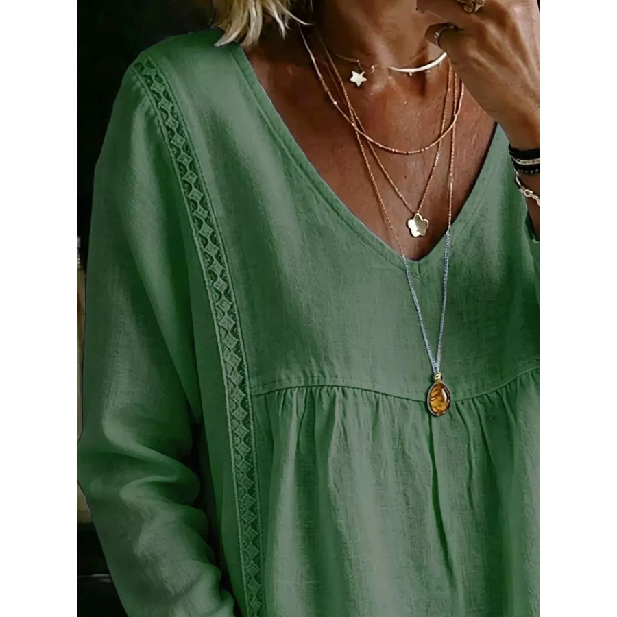 Full Size V-Neck Lace Trimmed Long Sleeve Blouse Plus Size Apparel and Accessories