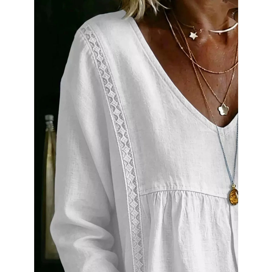 Full Size V-Neck Lace Trimmed Long Sleeve Blouse Plus Size Apparel and Accessories