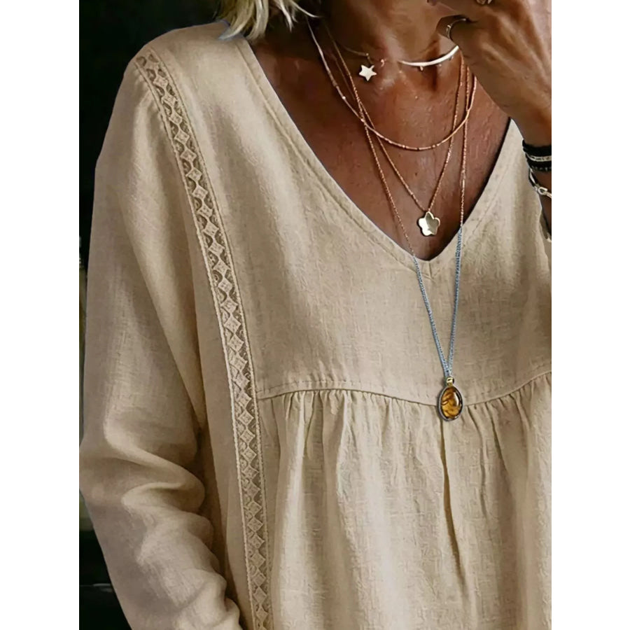 Full Size V-Neck Lace Trimmed Long Sleeve Blouse Plus Size Apparel and Accessories