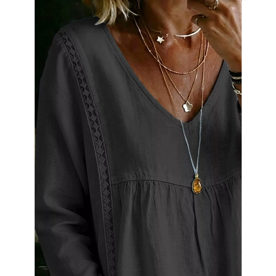 Full Size V-Neck Lace Trimmed Long Sleeve Blouse Plus Size Apparel and Accessories