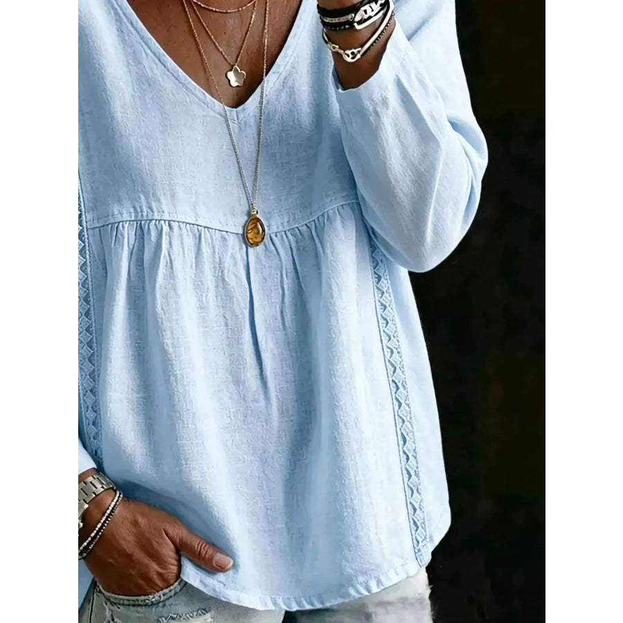 Full Size V-Neck Lace Trimmed Long Sleeve Blouse Plus Size Apparel and Accessories