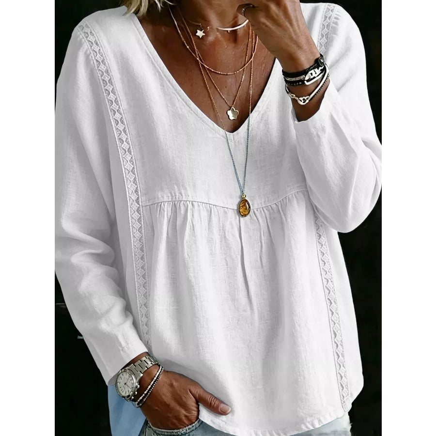 Full Size V-Neck Lace Trimmed Long Sleeve Blouse Plus Size White / S Apparel and Accessories